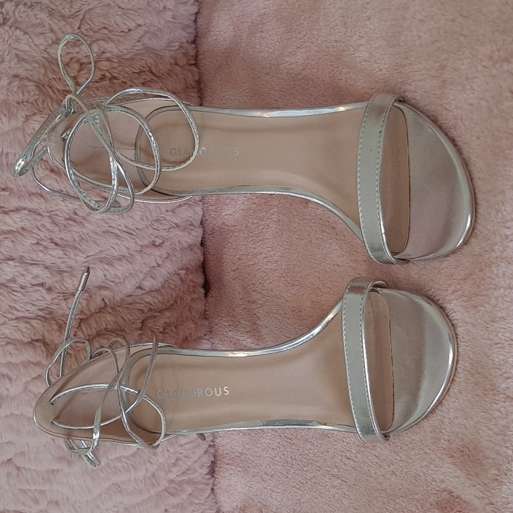 Glamorous Ankle Tie Up Heels 9 Silver